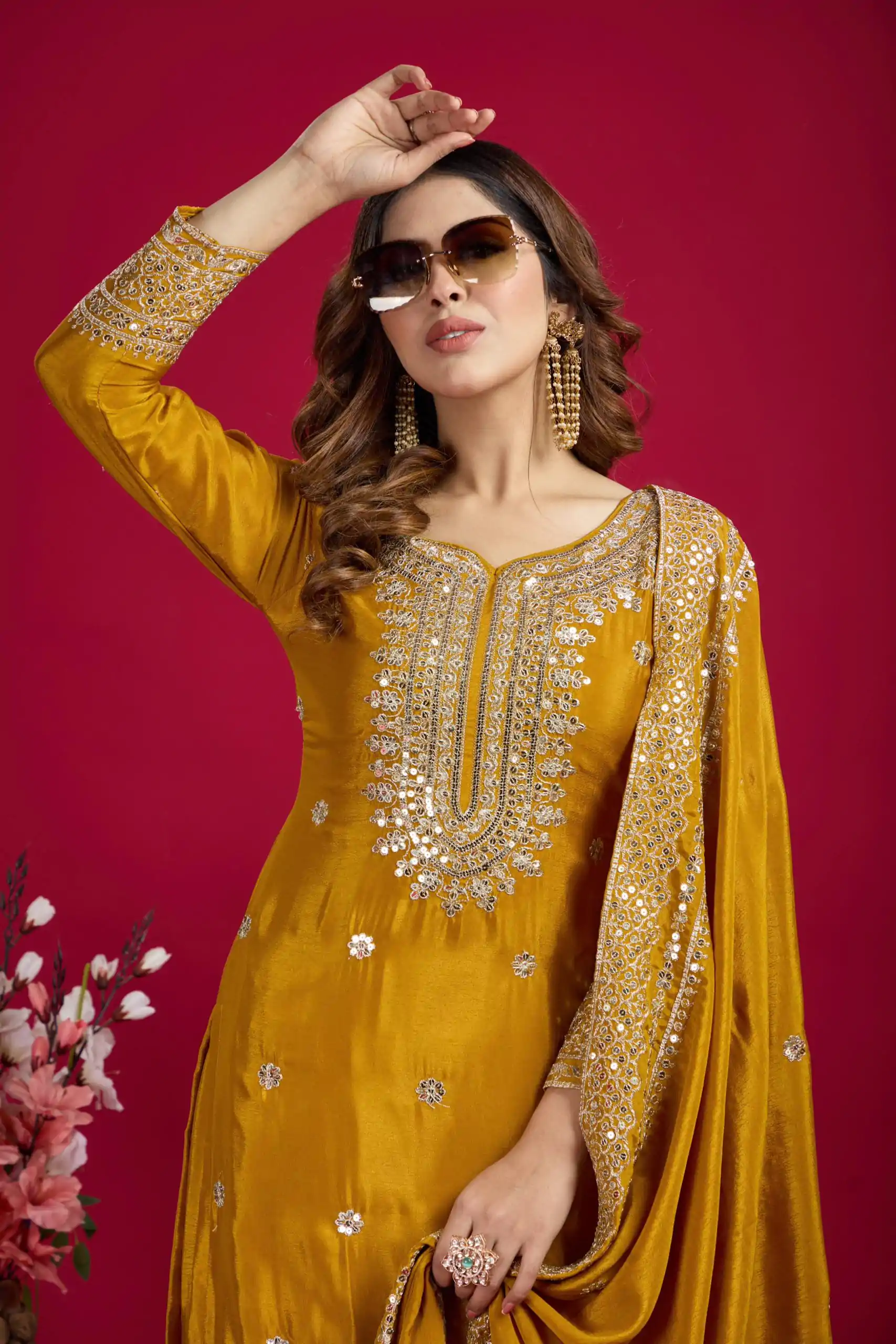 NSR-800 Yellow Color Chinnon Silk With Embroidery Work Sharara Suit Wedding, Party, Festive, Events Etc.  Expected Delivery 4-6 Working Days @2149/- | Casual Suits, Jump Suits, Creative suits, Designer Suits, Palazzo Suits, Party Wear Suits, Patiala Suits, Salwar suit, Straight Suits