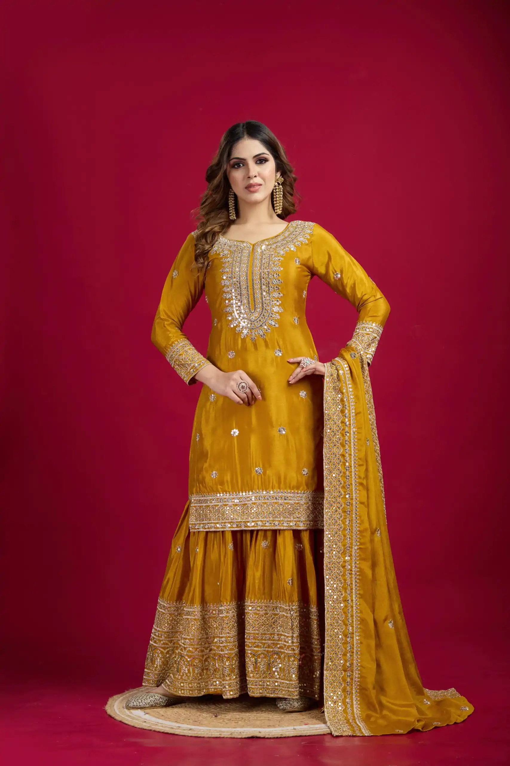 NSR-800 Yellow Color Chinnon Silk With Embroidery Work Sharara Suit Wedding, Party, Festive, Events Etc.  Expected Delivery 4-6 Working Days @2149/- | Casual Suits, Jump Suits, Creative suits, Designer Suits, Palazzo Suits, Party Wear Suits, Patiala Suits, Salwar suit, Straight Suits