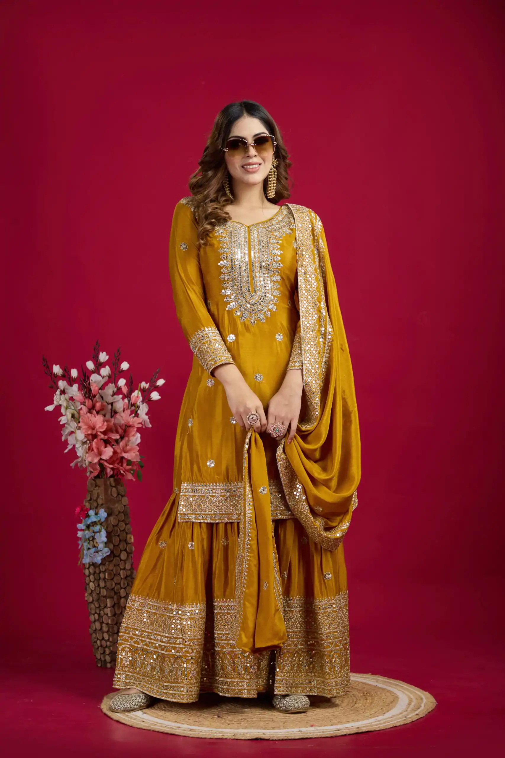 NSR-800 Yellow Color Chinnon Silk With Embroidery Work Sharara Suit Wedding, Party, Festive, Events Etc.  Expected Delivery 4-6 Working Days @2149/- | Casual Suits, Jump Suits, Creative suits, Designer Suits, Palazzo Suits, Party Wear Suits, Patiala Suits, Salwar suit, Straight Suits