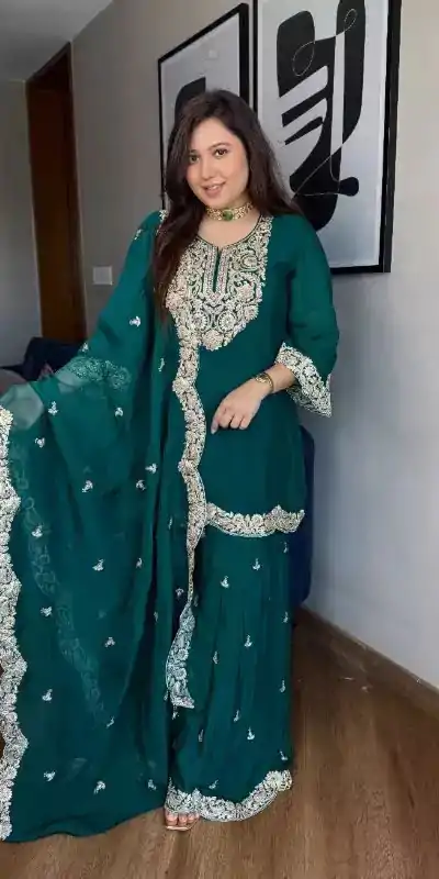 SRK 5231 Dark green Color Chinnon Silk With Embroidery Sequence Work Salwar Suit Casual, Wedding, Party, Festive, Events Etc.4-6 Working Days@ 2099/-only | Casual Suits, Jump Suits, Creative suits, Designer Suits, Palazzo Suits, Party Wear Suits, Patiala Suits, Salwar suit, Straight Suits