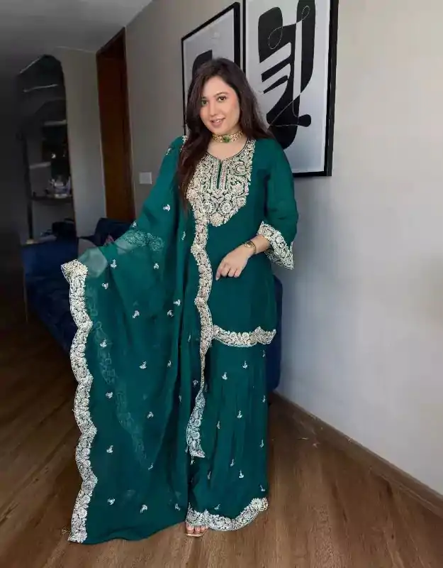 SRK 5231 Dark green Color Chinnon Silk With Embroidery Sequence Work Salwar Suit Casual, Wedding, Party, Festive, Events Etc.4-6 Working Days@ 2099/-only | Casual Suits, Jump Suits, Creative suits, Designer Suits, Palazzo Suits, Party Wear Suits, Patiala Suits, Salwar suit, Straight Suits