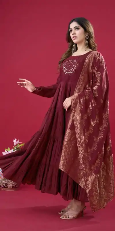 ZSR 3107 Maroon Color Roman Silk With Embroidery Sequence Work Anarkali Gown Wedding Party, Festive, Events Etc.4-6 Working Days@1999/- only | Bollywood Gowns, Creative Gowns, Designer Gowns, Embroidered Gowns, Gowns, Party Wear Gowns, Straight Suits