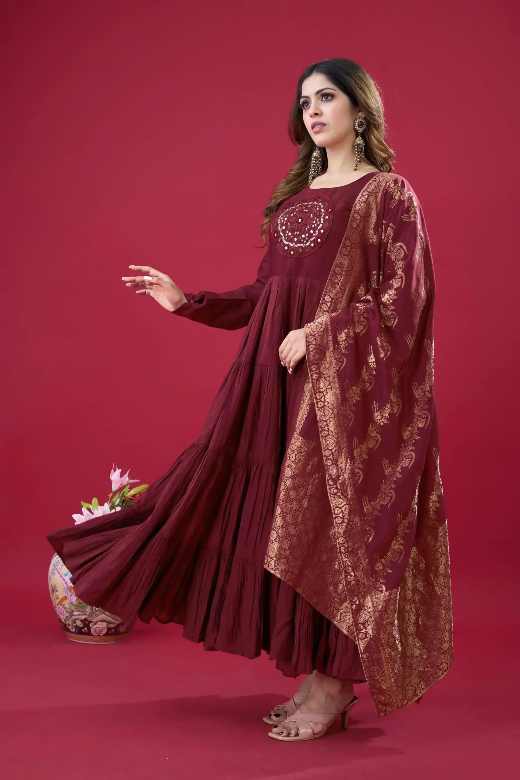 ZSR 3107 Maroon Color Roman Silk With Embroidery Sequence Work Anarkali Gown Wedding Party, Festive, Events Etc.4-6 Working Days@1999/- only | Bollywood Gowns, Creative Gowns, Designer Gowns, Embroidered Gowns, Gowns, Party Wear Gowns, Straight Suits