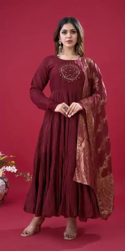 ZSR 3107 Maroon Color Roman Silk With Embroidery Sequence Work Anarkali Gown Wedding Party, Festive, Events Etc.4-6 Working Days@1999/- only | Bollywood Gowns, Creative Gowns, Designer Gowns, Embroidered Gowns, Gowns, Party Wear Gowns, Straight Suits