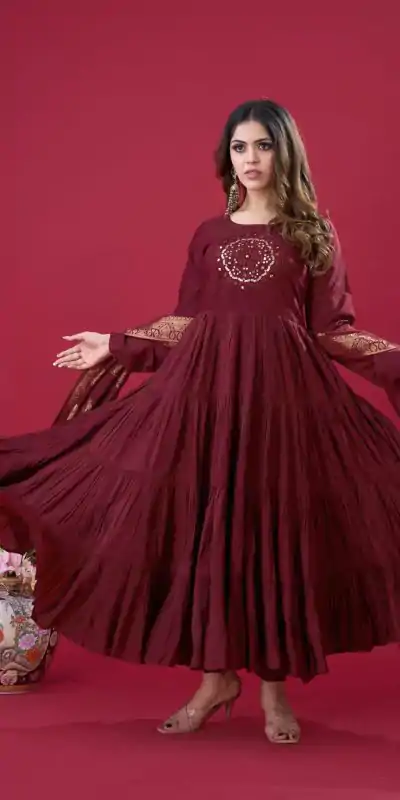 ZSR 3107 Maroon Color Roman Silk With Embroidery Sequence Work Anarkali Gown Wedding Party, Festive, Events Etc.4-6 Working Days@1999/- only | Bollywood Gowns, Creative Gowns, Designer Gowns, Embroidered Gowns, Gowns, Party Wear Gowns, Straight Suits