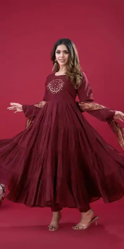ZSR 3107 Maroon Color Roman Silk With Embroidery Sequence Work Anarkali Gown Wedding Party, Festive, Events Etc.4-6 Working Days@1999/- only | Bollywood Gowns, Creative Gowns, Designer Gowns, Embroidered Gowns, Gowns, Party Wear Gowns, Straight Suits
