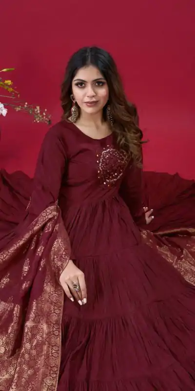 ZSR 3107 Maroon Color Roman Silk With Embroidery Sequence Work Anarkali Gown Wedding Party, Festive, Events Etc.4-6 Working Days@1999/- only | Bollywood Gowns, Creative Gowns, Designer Gowns, Embroidered Gowns, Gowns, Party Wear Gowns, Straight Suits
