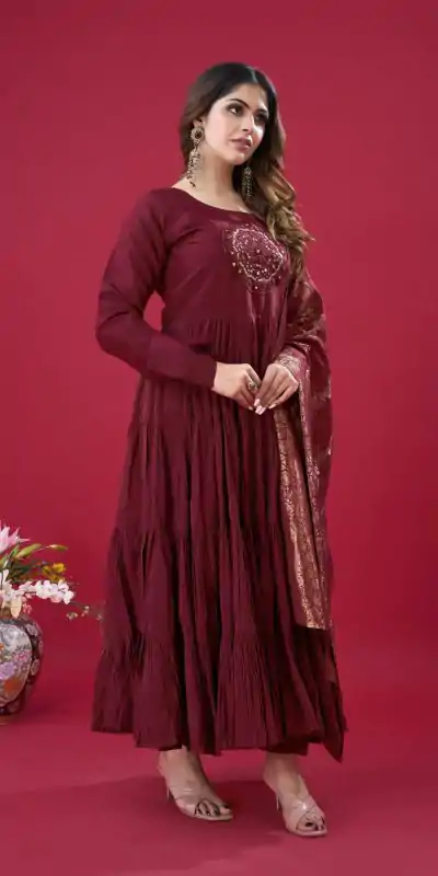 ZSR 3107 Maroon Color Roman Silk With Embroidery Sequence Work Anarkali Gown Wedding Party, Festive, Events Etc.4-6 Working Days@1999/- only | Bollywood Gowns, Creative Gowns, Designer Gowns, Embroidered Gowns, Gowns, Party Wear Gowns, Straight Suits