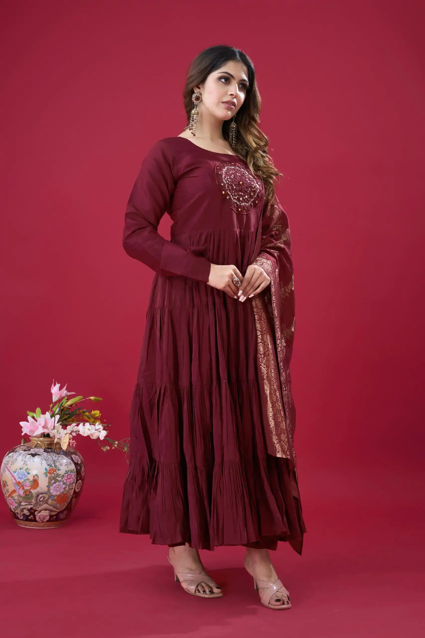 ZSR 3107 Maroon Color Roman Silk With Embroidery Sequence Work Anarkali Gown Wedding Party, Festive, Events Etc.4-6 Working Days@1999/- only | Bollywood Gowns, Creative Gowns, Designer Gowns, Embroidered Gowns, Gowns, Party Wear Gowns, Straight Suits