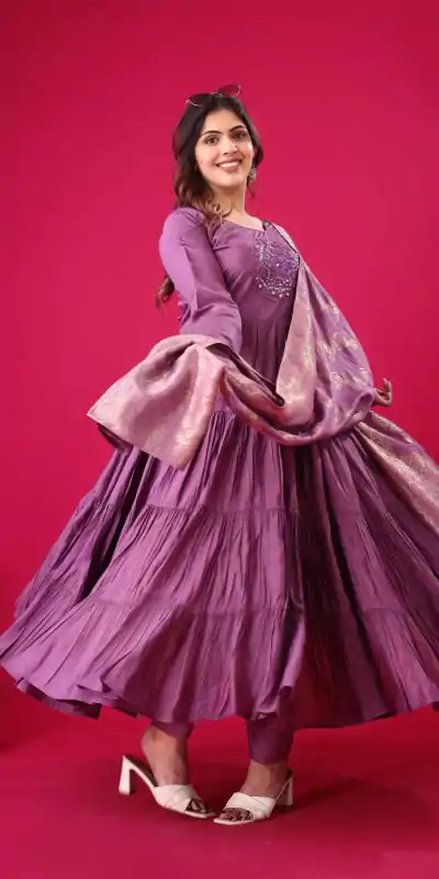 ZSR 3107 Purple Color Roman Silk With Embroidery Sequence Work Anarkali Gown Wedding Party, Festive, Events Etc.4-6 Working Days@1999/- only | Bollywood Gowns, Creative Gowns, Designer Gowns, Embroidered Gowns, Gowns, Party Wear Gowns, Straight Suits