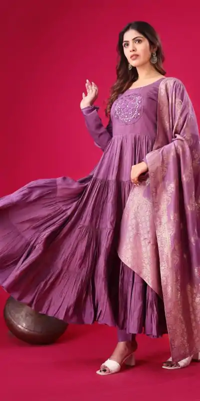 ZSR 3107 Purple Color Roman Silk With Embroidery Sequence Work Anarkali Gown Wedding Party, Festive, Events Etc.4-6 Working Days@1999/- only | Bollywood Gowns, Creative Gowns, Designer Gowns, Embroidered Gowns, Gowns, Party Wear Gowns, Straight Suits