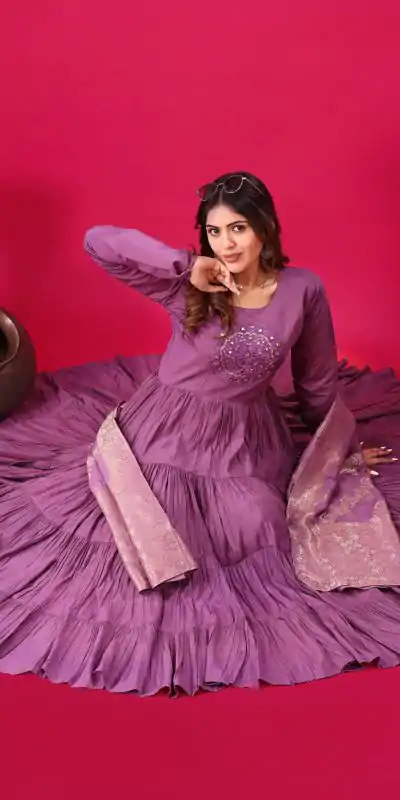 ZSR 3107 Purple Color Roman Silk With Embroidery Sequence Work Anarkali Gown Wedding Party, Festive, Events Etc.4-6 Working Days@1999/- only | Bollywood Gowns, Creative Gowns, Designer Gowns, Embroidered Gowns, Gowns, Party Wear Gowns, Straight Suits