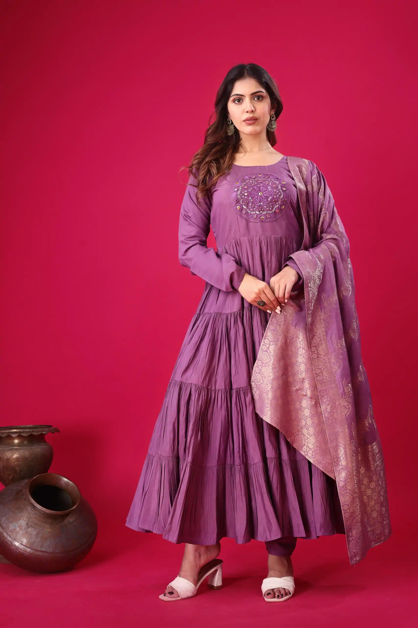 ZSR 3107 Purple Color Roman Silk With Embroidery Sequence Work Anarkali Gown Wedding Party, Festive, Events Etc.4-6 Working Days@1999/- only | Bollywood Gowns, Creative Gowns, Designer Gowns, Embroidered Gowns, Gowns, Party Wear Gowns, Straight Suits
