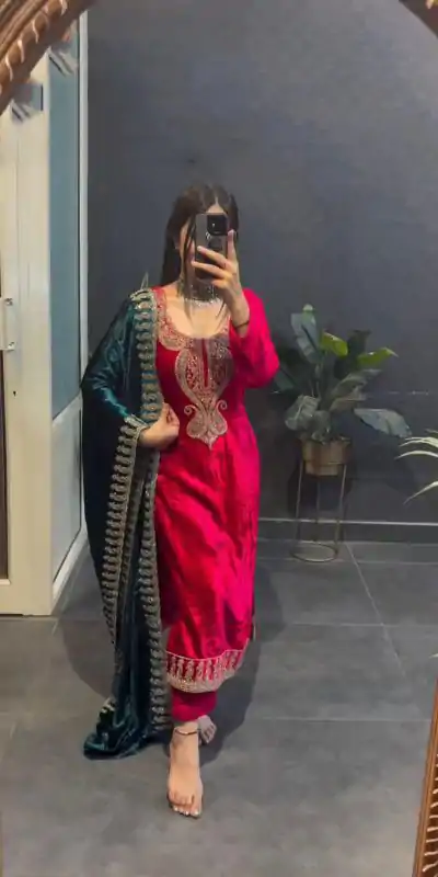 ZSR 3095 Red Color Velvet With Heavy Embroidery Sequence Salwar Suit Casual, Wedding, Party, Festive, Events Etc.4-6 Working Days@ 1999/-only  | Casual Suits, Jump Suits, Creative suits, Designer Suits, Palazzo Suits, Party Wear Suits, Patiala Suits, Salwar suit, Straight Suits