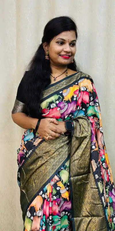 MS Kalamkari Black Color Jacquard Dola Silk With Kalamkari Print Saree Casual, Wedding, Festive, Events . Expected Delivery  4-6 Working Days @1549/- only | Embroidered Sarees, Bollywood Sarees, Creative Sarees, Designer Sarees, Ethnic Saree, Modern Digital sarees, Party Wear Sarees, Sarees
