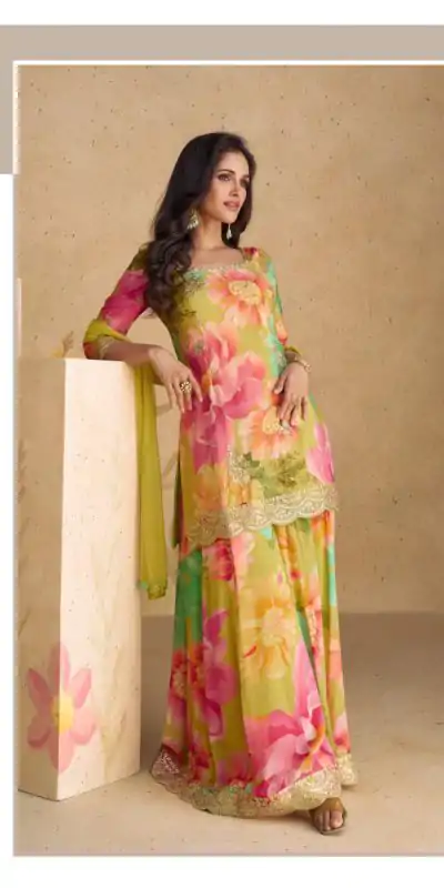 FC 5542 Pink Color chinon Print Silk with Dall Crepe Sharara Suit Wedding, Party, Festive, Events Etc.  Expected Delivery 4-6 Working Days @2099/- | Casual Suits, Jump Suits, Creative suits, Designer Suits, Palazzo Suits, Party Wear Suits, Patiala Suits, Salwar suit, Straight Suits