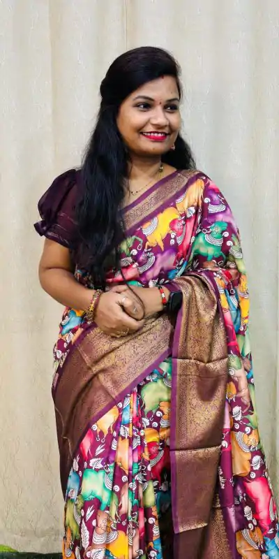 MS Kalamkari Purple Color Jacquard Dola Silk With Kalamkari Print Saree Casual, Wedding, Festive, Events . Expected Delivery  4-6 Working Days @1549/- only | Embroidered Sarees, Bollywood Sarees, Creative Sarees, Designer Sarees, Ethnic Saree, Modern Digital sarees, Party Wear Sarees, Sarees