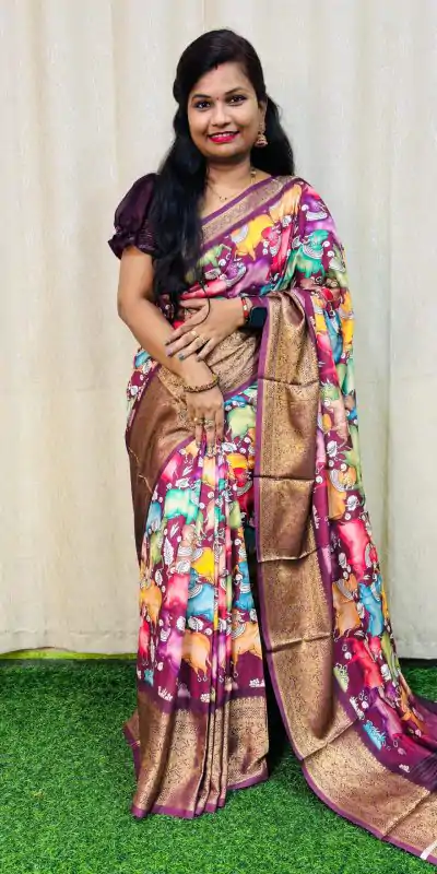 MS Kalamkari Purple Color Jacquard Dola Silk With Kalamkari Print Saree Casual, Wedding, Festive, Events . Expected Delivery  4-6 Working Days @1549/- only | Embroidered Sarees, Bollywood Sarees, Creative Sarees, Designer Sarees, Ethnic Saree, Modern Digital sarees, Party Wear Sarees, Sarees