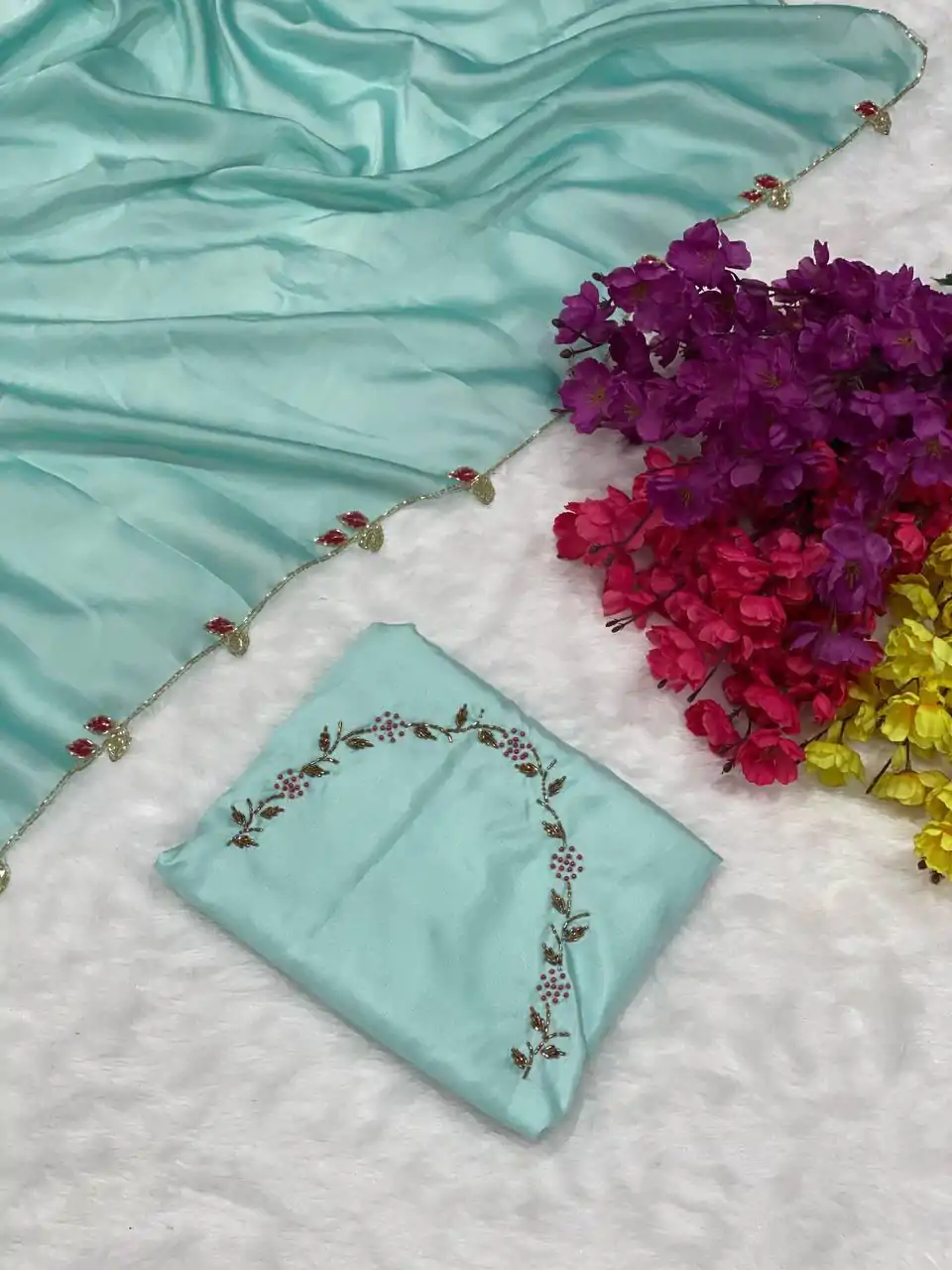 AC Lady Sky Blue Color Rangoli Silk Handwork And Cutwork With Pearl Saree Casual, Wedding, Festive, Events . Expected Delivery  4-6 Working Days @1899/- only                                                                                                                                             | Embroidered Sarees, Bollywood Sarees, Creative Sarees, Designer Sarees, Ethnic Saree, Modern Digital sarees, Party Wear Sarees, Sarees