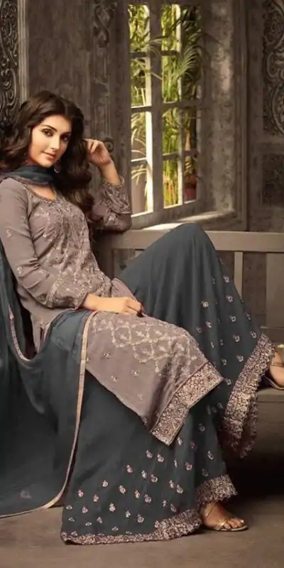 FC 47001 Grey Color Georgette With Embroidery work With Stone Suit Casual, Wedding, Party, Festive, Events Etc.4-6 Working Days@ 1849/-only | Casual Suits, Jump Suits, Creative suits, Designer Suits, Palazzo Suits, Party Wear Suits, Patiala Suits, Salwar suit, Straight Suits