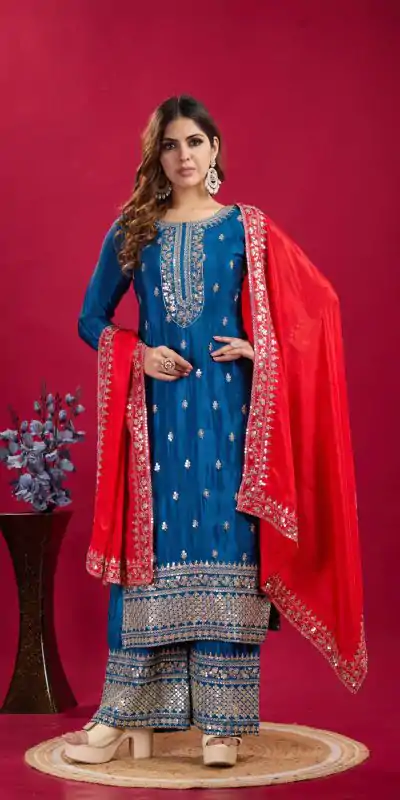 SRK 5231 Blue Color Pure Chinnon Silk With Embroidery Sequence Work Salwar Suit Casual, Wedding, Party, Festive, Events Etc.4-6 Working Days@ 1899/-only | Casual Suits, Jump Suits, Creative suits, Designer Suits, Palazzo Suits, Party Wear Suits, Patiala Suits, Salwar suit, Straight Suits