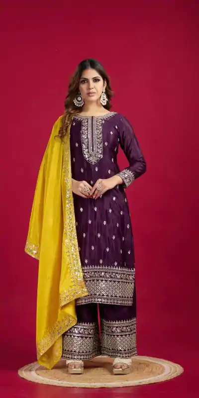 SRK 5231 Purple Color Pure Chinnon Silk With Embroidery Sequence Work Salwar Suit Casual, Wedding, Party, Festive, Events Etc.4-6 Working Days@ 1899/-only | Casual Suits, Jump Suits, Creative suits, Designer Suits, Palazzo Suits, Party Wear Suits, Patiala Suits, Salwar suit, Straight Suits