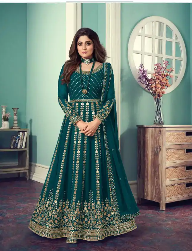 FC 8543 Green Color Georgette Codding Sequence Embroidery Work Anarkali Gown Wedding Party, Festive, Events Etc.4-6 Working Days@2149/- only | Bollywood Gowns, Creative Gowns, Designer Gowns, Embroidered Gowns, Gowns, Party Wear Gowns, Straight Suits
