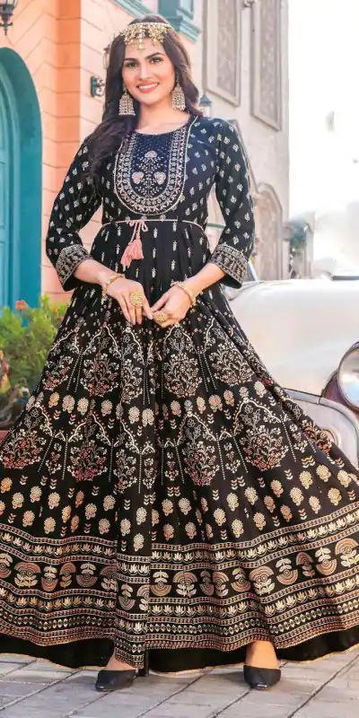 INLI Glam NX Black Color Rayon Print Embroidery Work Long Anarkali Gown Wedding Party, Festive, Events Etc.4-6 Working Days@1699/- only | Bollywood Gowns, Creative Gowns, Designer Gowns, Embroidered Gowns, Gowns, Party Wear Gowns, Straight Suits