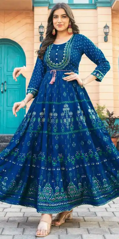  INLI Glam NX Blue Color Rayon Print Embroidery Work Long Anarkali Gown Wedding Party, Festive, Events Etc.4-6 Working Days@1699/- only | Bollywood Gowns, Creative Gowns, Designer Gowns, Embroidered Gowns, Gowns, Party Wear Gowns, Straight Suits