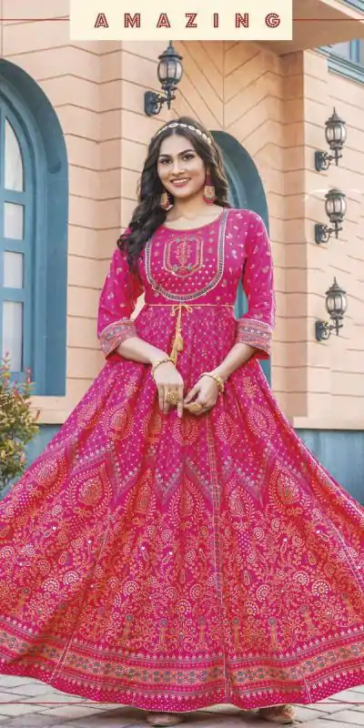  INLI Glam NX Pink Color Rayon Print Embroidery Work Long Anarkali Gown Wedding Party, Festive, Events Etc.4-6 Working Days@1699/- only | Bollywood Gowns, Creative Gowns, Designer Gowns, Embroidered Gowns, Gowns, Party Wear Gowns, Straight Suits