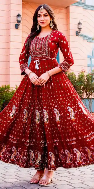  INLI Glam NX Red Color Rayon Print Embroidery Work Long Anarkali Gown Wedding Party, Festive, Events Etc.4-6 Working Days@1699/- only | Bollywood Gowns, Creative Gowns, Designer Gowns, Embroidered Gowns, Gowns, Party Wear Gowns, Straight Suits