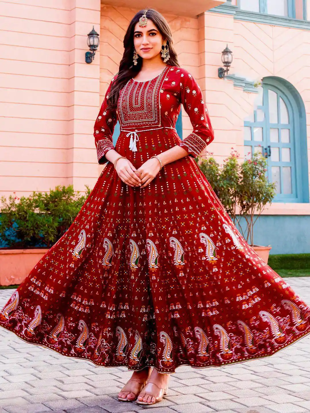  INLI Glam NX Red Color Rayon Print Embroidery Work Long Anarkali Gown Wedding Party, Festive, Events Etc.4-6 Working Days@1699/- only | Bollywood Gowns, Creative Gowns, Designer Gowns, Embroidered Gowns, Gowns, Party Wear Gowns, Straight Suits