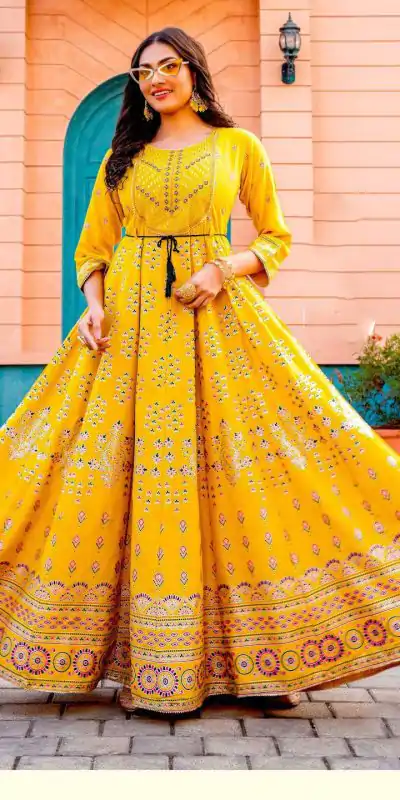  INLI Glam NX Yellow Color Rayon Print Embroidery Work Long Anarkali Gown Wedding Party, Festive, Events Etc.4-6 Working Days@1699/- only | Bollywood Gowns, Creative Gowns, Designer Gowns, Embroidered Gowns, Gowns, Party Wear Gowns, Straight Suits