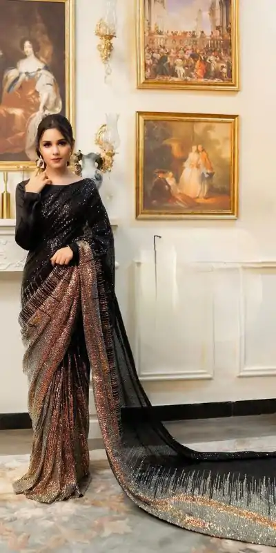 DF 3407 Black color Dual Sequins 3MM & 5MM Embroidery Sequins Work Saree Casual, Wedding, Festive, Events . Expected Delivery  4-6 Working Days @1749/- only | Embroidered Sarees, Bollywood Sarees, Creative Sarees, Designer Sarees, Ethnic Saree, Modern Digital sarees, Party Wear Sarees, Sarees