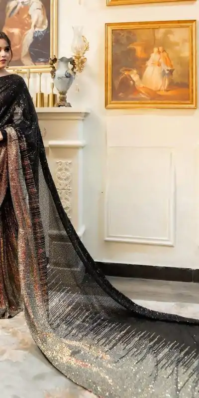 DF 3407 Black color Dual Sequins 3MM & 5MM Embroidery Sequins Work Saree Casual, Wedding, Festive, Events . Expected Delivery  4-6 Working Days @1749/- only | Embroidered Sarees, Bollywood Sarees, Creative Sarees, Designer Sarees, Ethnic Saree, Modern Digital sarees, Party Wear Sarees, Sarees