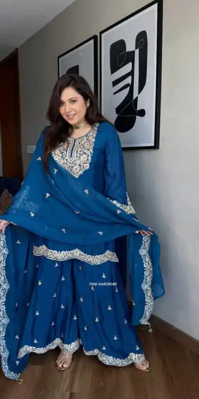 SRK 5231 Blue Color Pure Chinnon Silk With Embroidery Coding Dori-Sequence Salwar Suit , Wedding, Party, Festive, Events Etc.4-6 Working Days@ 2099/-only | Casual Suits, Jump Suits, Creative suits, Designer Suits, Palazzo Suits, Party Wear Suits, Patiala Suits, Salwar suit, Straight Suits