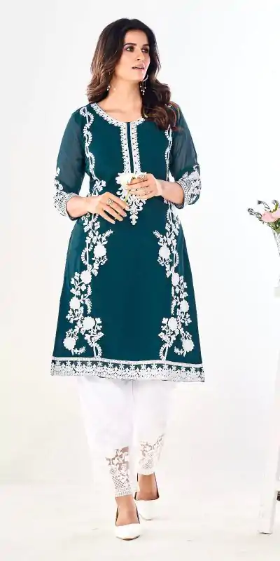 INLI Dark Green Color Georgette and Embroidery work Kurti With Pant Casual, Wedding, Party, Festive, Events Etc. Expected Delivery 4-6 Working Days @1649 | Bollywood Kurti, Creative Kurtis, Designer Kurti, Kurti, Party Wear Kurti, Selfie Kurti