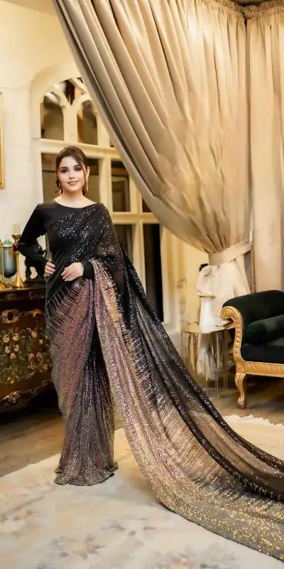 DF 3407 Black color Dual Sequins 3MM & 5MM Embroidery Sequins Work Saree Casual, Wedding, Festive, Events . Expected Delivery  4-6 Working Days @1749/- only | Embroidered Sarees, Bollywood Sarees, Creative Sarees, Designer Sarees, Ethnic Saree, Modern Digital sarees, Party Wear Sarees, Sarees