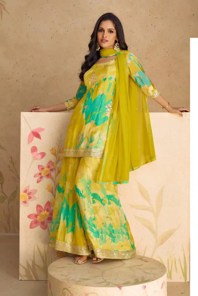 FC 5541 Mustad Yellow Color chinon Print Silk with Dall Crepe Sharara Suit Wedding, Party, Festive, Events Etc.  Expected Delivery 4-6 Working Days @2099/- | Casual Suits, Jump Suits, Creative suits, Designer Suits, Palazzo Suits, Party Wear Suits, Patiala Suits, Salwar suit, Straight Suits