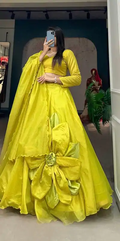 LNB 1650 Parrot Green Color Raj wadi Chanderi Silk Hand Made Flower Lehenga Choli Wedding, Party, Festive, Events Etc. Delivery 4-6 Working Days Rs 1999 | Bollywood Lehenga, Creative Lehenga, Designer Lehenga, Embroidered Lehenga, Lehenga, Party Wear Lehenga