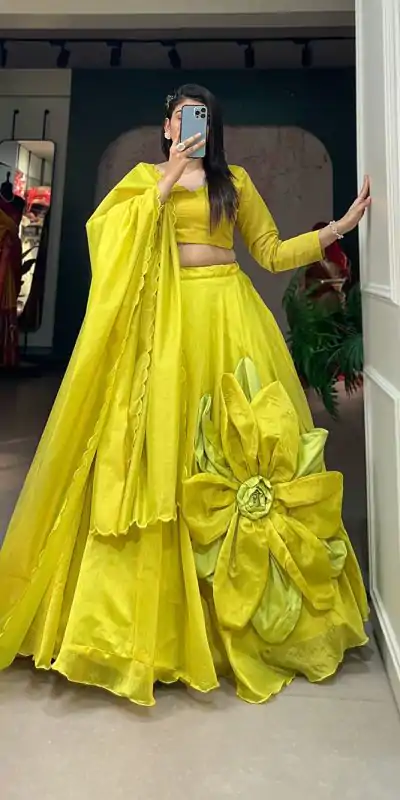 LNB 1650 Parrot Green Color Raj wadi Chanderi Silk Hand Made Flower Lehenga Choli Wedding, Party, Festive, Events Etc. Delivery 4-6 Working Days Rs 1999 | Bollywood Lehenga, Creative Lehenga, Designer Lehenga, Embroidered Lehenga, Lehenga, Party Wear Lehenga
