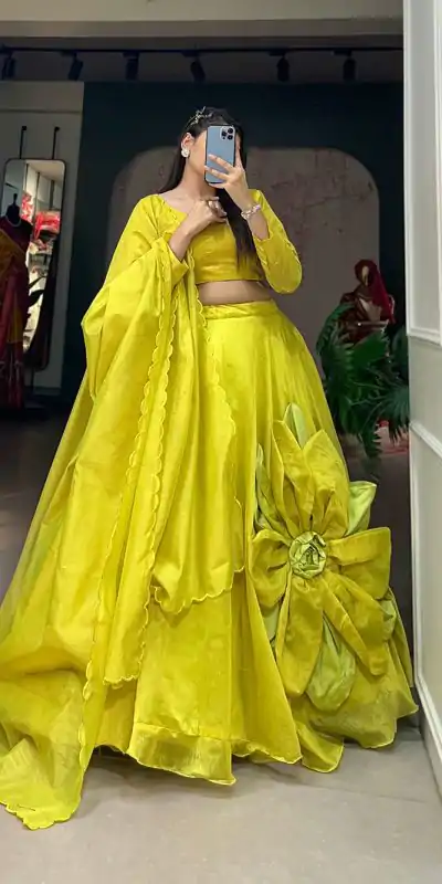 LNB 1650 Parrot Green Color Raj wadi Chanderi Silk Hand Made Flower Lehenga Choli Wedding, Party, Festive, Events Etc. Delivery 4-6 Working Days Rs 1999 | Bollywood Lehenga, Creative Lehenga, Designer Lehenga, Embroidered Lehenga, Lehenga, Party Wear Lehenga