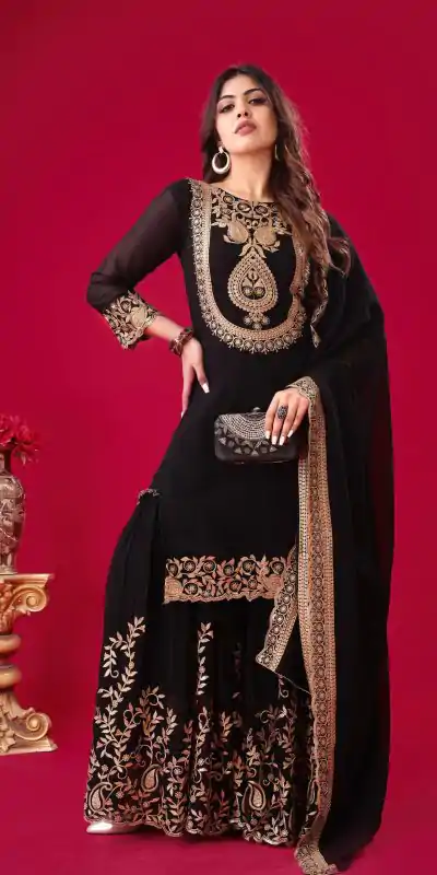 SRK-5242 Black Faux Georgette Embroidery Sequence Work Salwar Suit  Casual, Wedding, Party, Festive, Events Etc.4-6 Working Days@ 2099/-only | Casual Suits, Jump Suits, Creative suits, Designer Suits, Palazzo Suits, Party Wear Suits, Patiala Suits, Salwar suit, Straight Suits
