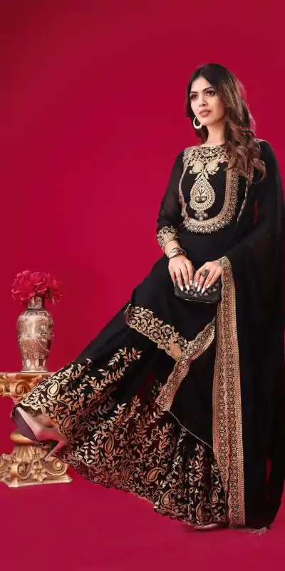 SRK-5242 Black Faux Georgette With Embroidery Sequence Thread Work Salwar Suit  Casual, Wedding, Party, Festive, Events Etc.4-6 Working Days@ 2099/-only | Casual Suits, Jump Suits, Creative suits, Designer Suits, Palazzo Suits, Party Wear Suits, Patiala Suits, Salwar suit, Straight Suits