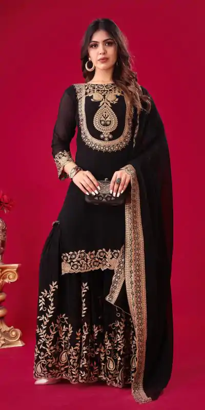 SRK-5242 Black Faux Georgette Embroidery Sequence Work Salwar Suit  Casual, Wedding, Party, Festive, Events Etc.4-6 Working Days@ 2099/-only | Casual Suits, Jump Suits, Creative suits, Designer Suits, Palazzo Suits, Party Wear Suits, Patiala Suits, Salwar suit, Straight Suits