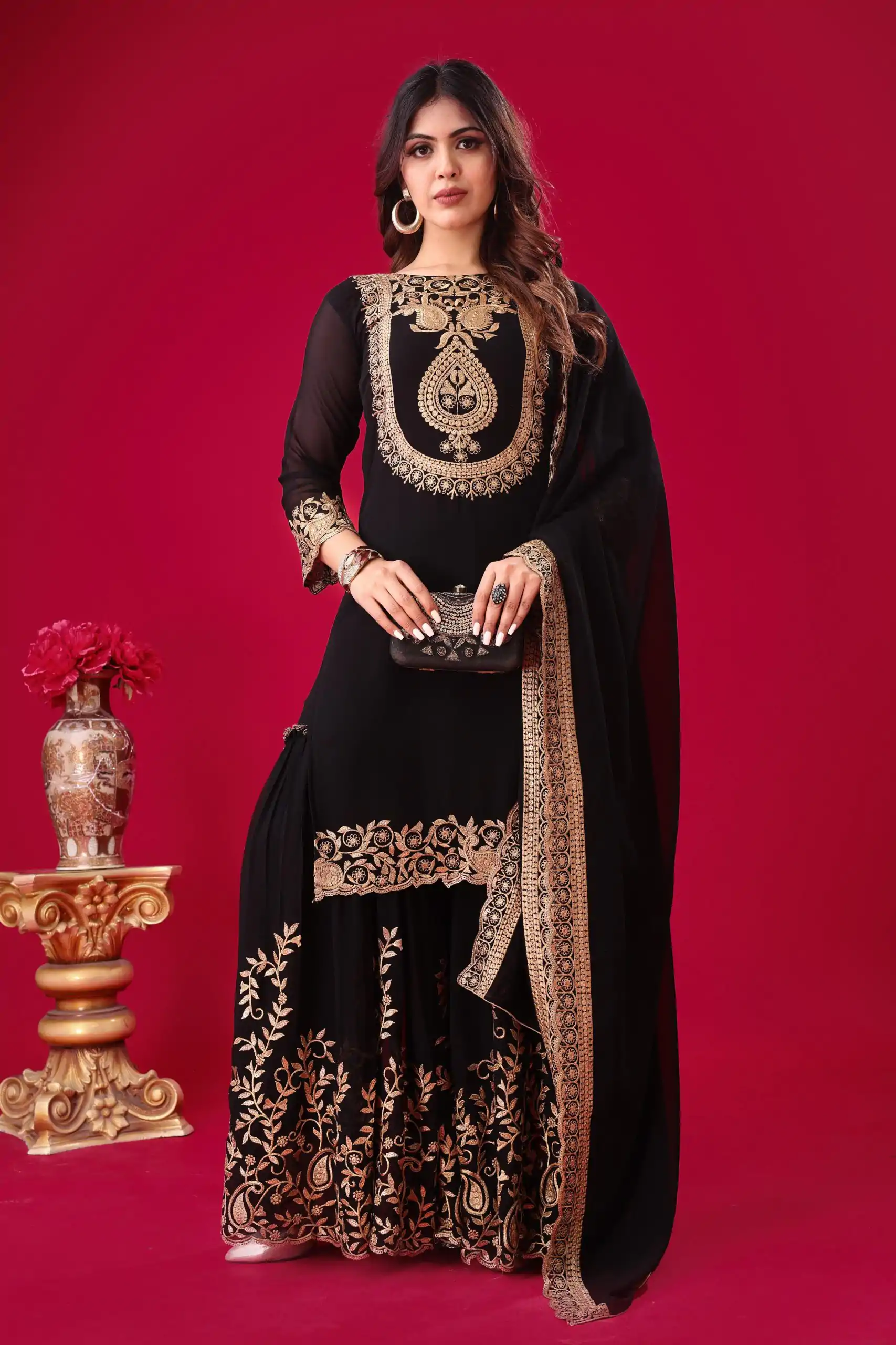SRK-5242 Black Faux Georgette Embroidery Sequence Work Salwar Suit  Casual, Wedding, Party, Festive, Events Etc.4-6 Working Days@ 2099/-only | Casual Suits, Jump Suits, Creative suits, Designer Suits, Palazzo Suits, Party Wear Suits, Patiala Suits, Salwar suit, Straight Suits