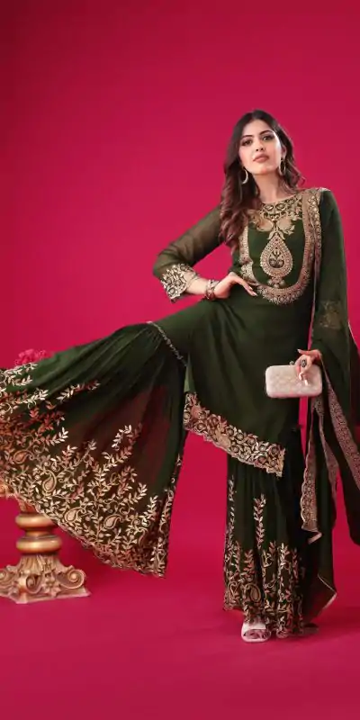 SRK-5242 Bottle Green Faux Georgette Embroidery Sequence Work Salwar Suit , Wedding, Party, Festive, Events Etc.4-6 Working Days@ 2099/-only | Casual Suits, Jump Suits, Creative suits, Designer Suits, Palazzo Suits, Party Wear Suits, Patiala Suits, Salwar suit, Straight Suits