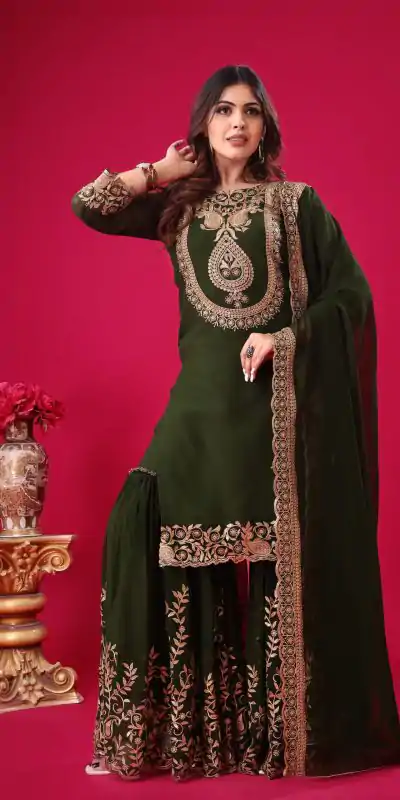 SRK-5242 Bottle Green Faux Georgette Embroidery Sequence Work Salwar Suit , Wedding, Party, Festive, Events Etc.4-6 Working Days@ 2099/-only | Casual Suits, Jump Suits, Creative suits, Designer Suits, Palazzo Suits, Party Wear Suits, Patiala Suits, Salwar suit, Straight Suits