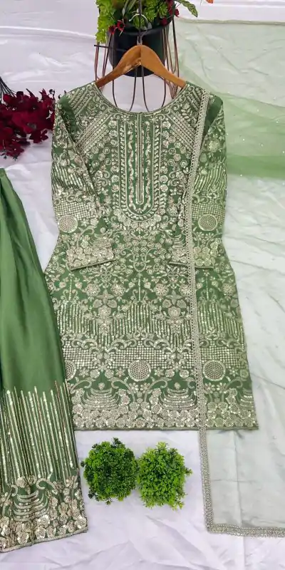 ZSR 3103 Green Chinnon Silk 5mm Embroidery Sequence With Moti Work Salwar Suit Casual, Wedding, Party, Festive, Events Etc.4-6 Working Days@ 2099/-only | Casual Suits, Jump Suits, Creative suits, Designer Suits, Palazzo Suits, Party Wear Suits, Patiala Suits, Salwar suit, Straight Suits