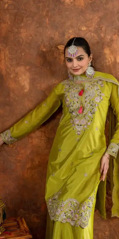 AD 191 Green Color Chinon Silk Embroidery 3mm Sequence Coding Dori Work Salwar Suit , Wedding, Party, Festive, Events Etc.4-6 Working Days@ 2049/-only | Casual Suits, Jump Suits, Creative suits, Designer Suits, Palazzo Suits, Party Wear Suits, Patiala Suits, Salwar suit, Straight Suits